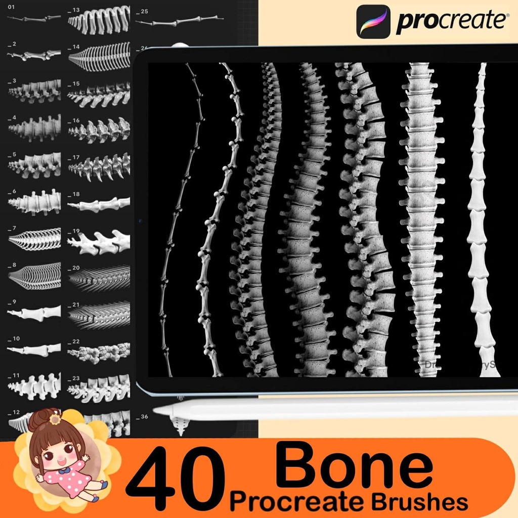 40 Procreate Bone & Skeleton Stamp Brushes – Skull, Spine, Anatomy Reference for Dark Art and Gothic Illustration