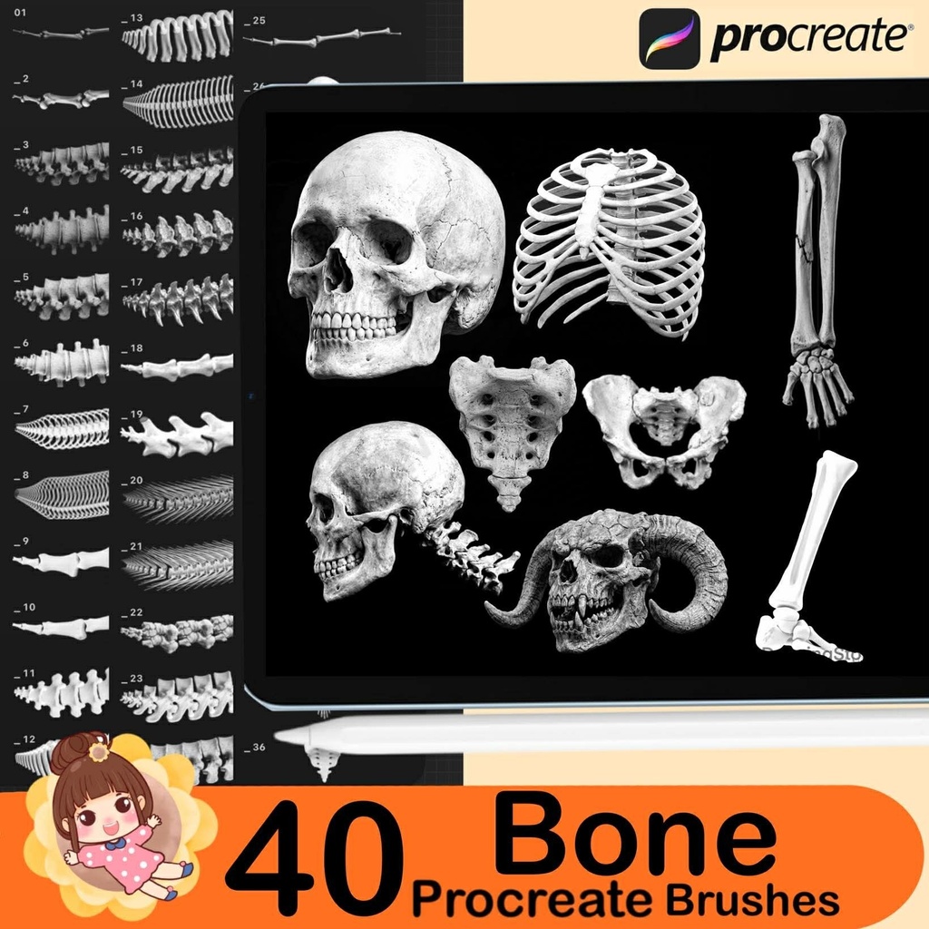 40 Procreate Bone & Skeleton Stamp Brushes – Skull, Spine, Anatomy Reference for Dark Art and Gothic Illustration