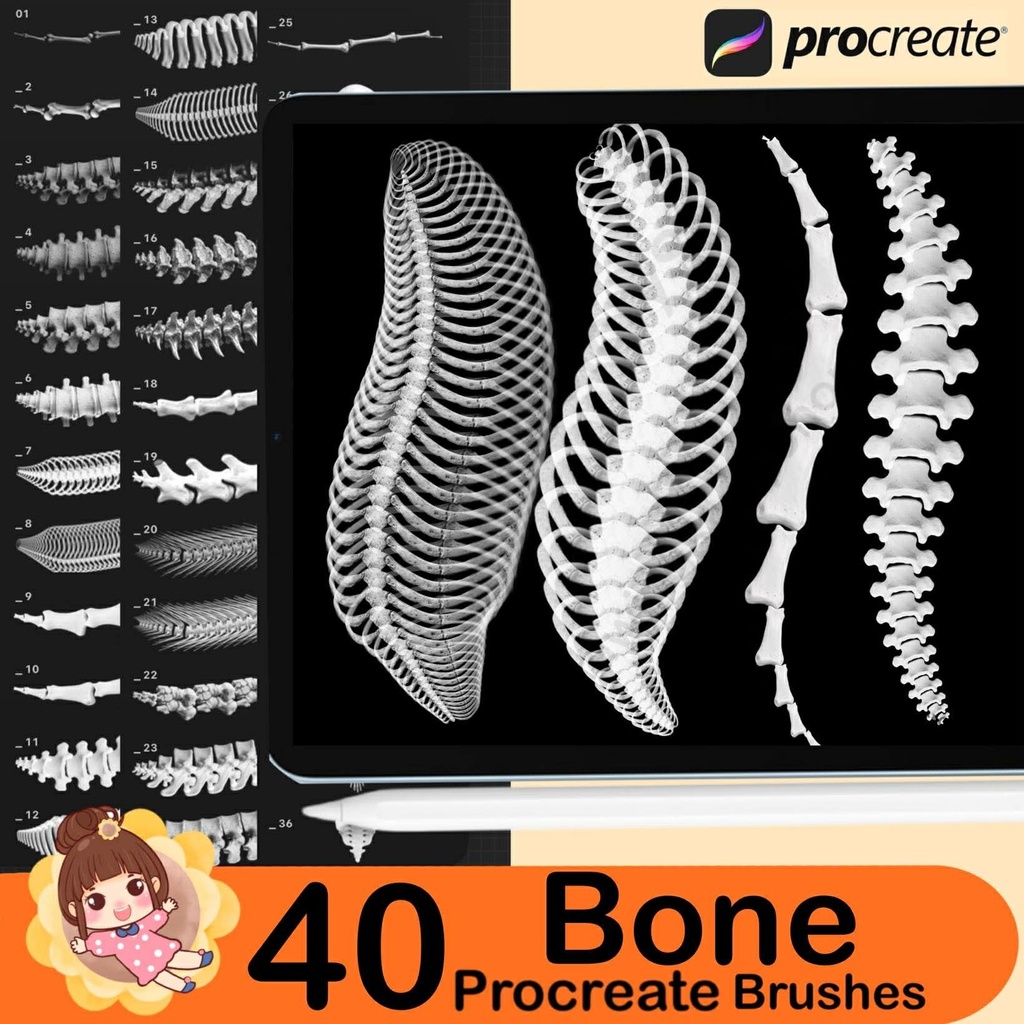 40 Procreate Bone & Skeleton Stamp Brushes – Skull, Spine, Anatomy Reference for Dark Art and Gothic Illustration