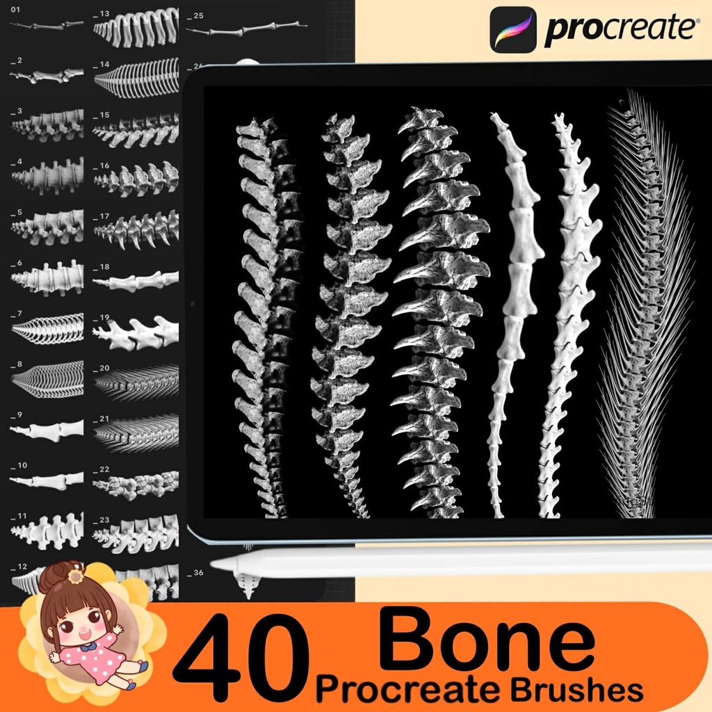 40 Procreate Bone & Skeleton Stamp Brushes – Skull, Spine, Anatomy Reference for Dark Art and Gothic Illustration