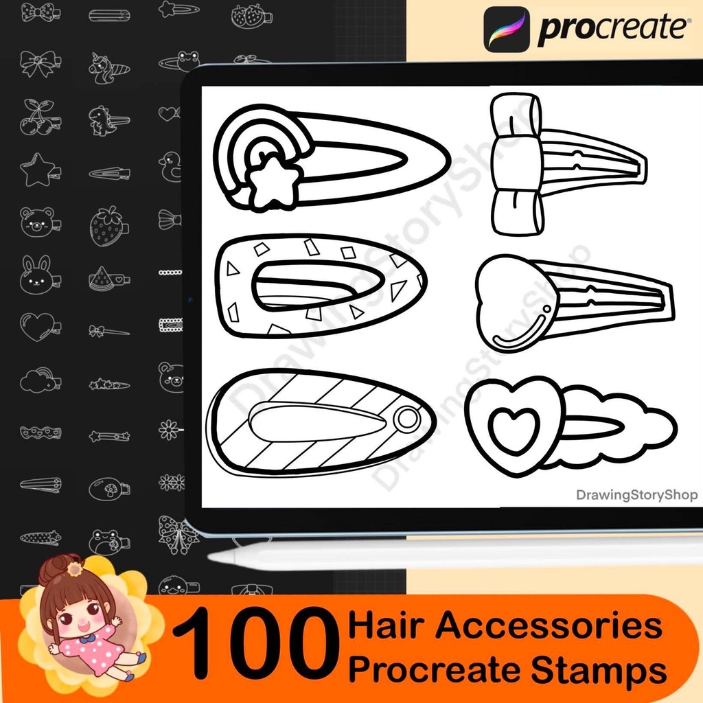 100 Cute Kawaii Hair Clip Stamps for Procreate | Chibi Hair Accessories Brush Set