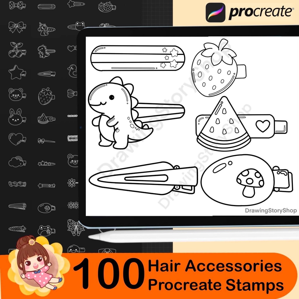 100 Cute Kawaii Hair Clip Stamps for Procreate | Chibi Hair Accessories Brush Set