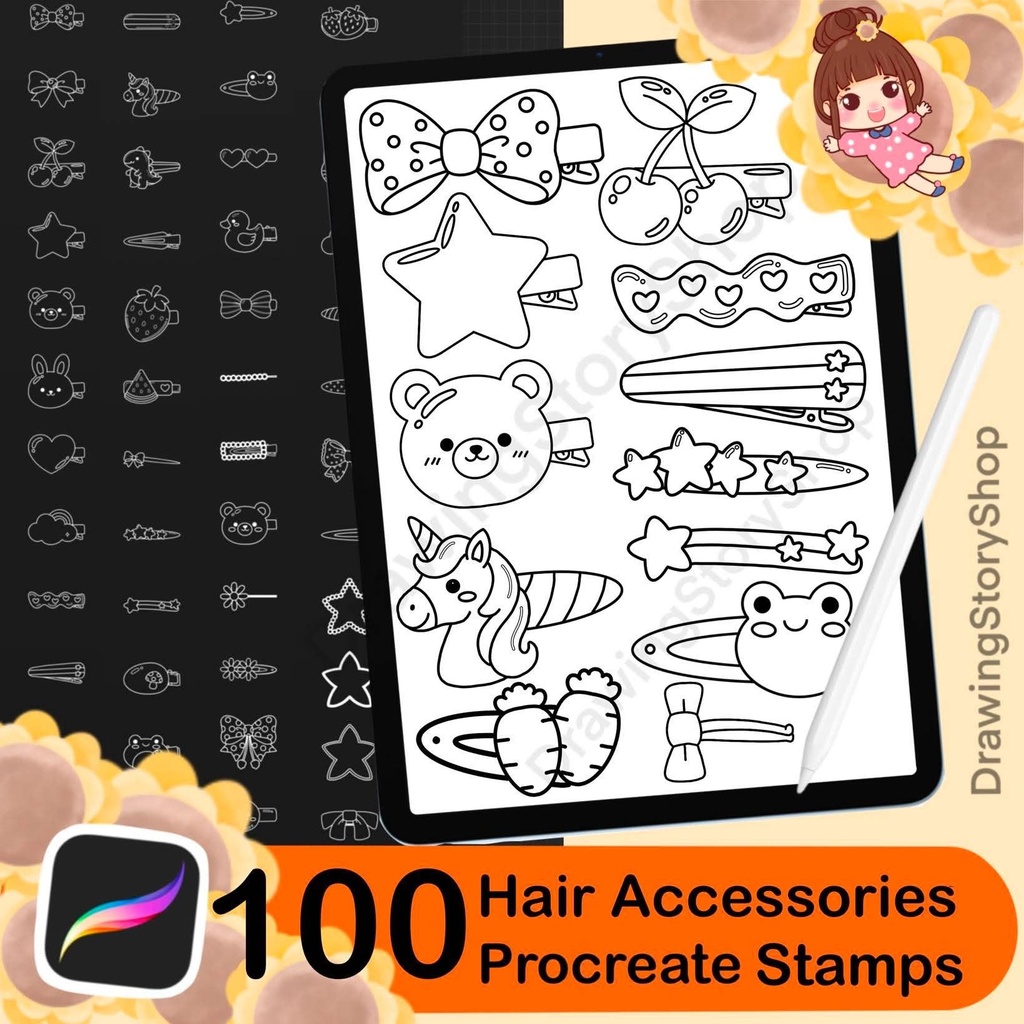 100 Cute Kawaii Hair Clip Stamps for Procreate | Chibi Hair Accessories Brush Set