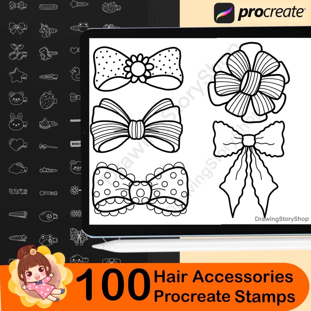 100 Cute Kawaii Hair Clip Stamps for Procreate | Chibi Hair Accessories Brush Set