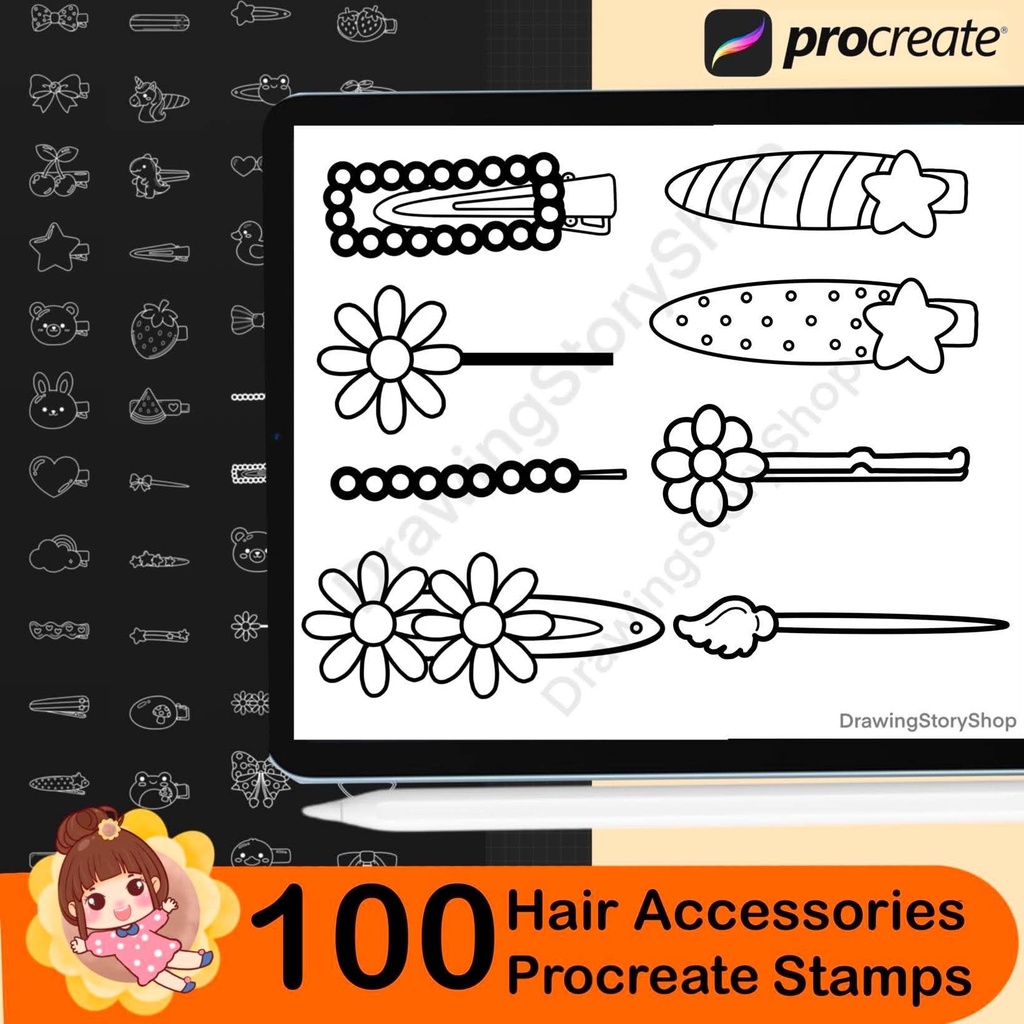 100 Cute Kawaii Hair Clip Stamps for Procreate | Chibi Hair Accessories Brush Set