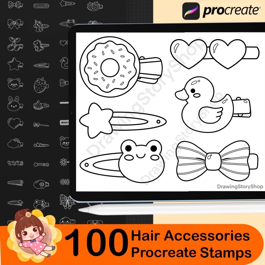 100 Cute Kawaii Hair Clip Stamps for Procreate | Chibi Hair Accessories Brush Set