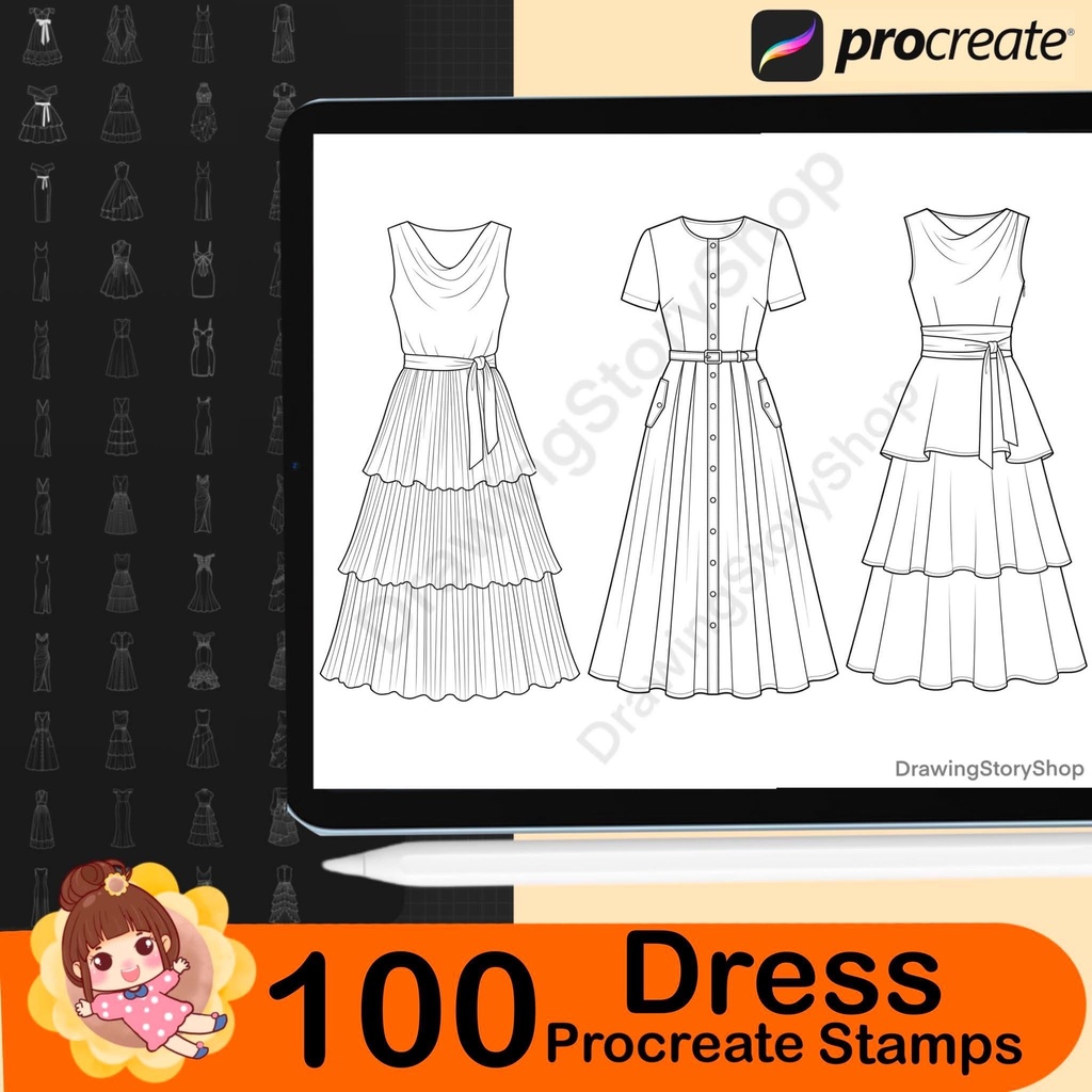100 Procreate Dress Stamps Bundle | Anime Fashion Lineart Brushes | Cute Clothing Brushes