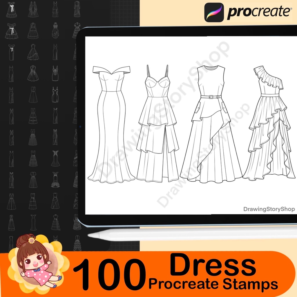 100 Procreate Dress Stamps Bundle | Anime Fashion Lineart Brushes | Cute Clothing Brushes