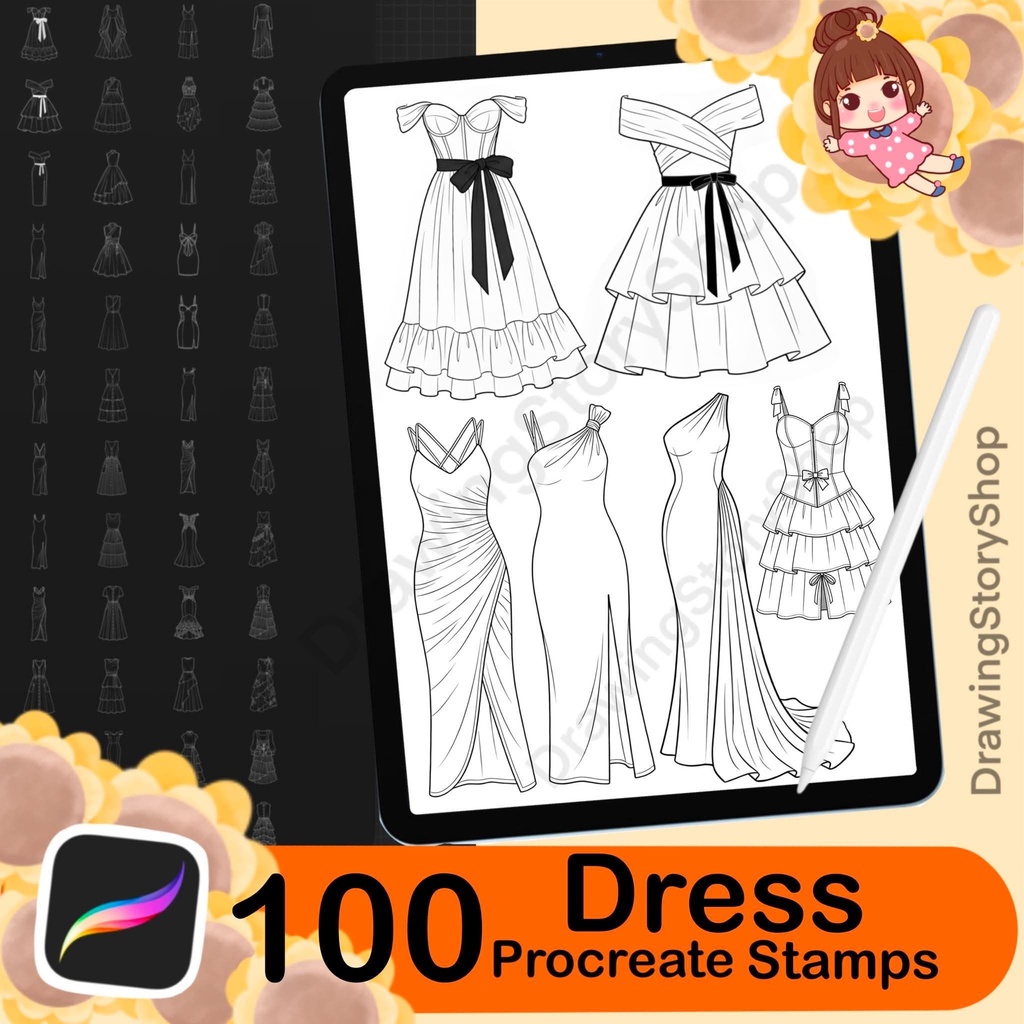 100 Procreate Dress Stamps Bundle | Anime Fashion Lineart Brushes | Cute Clothing Brushes