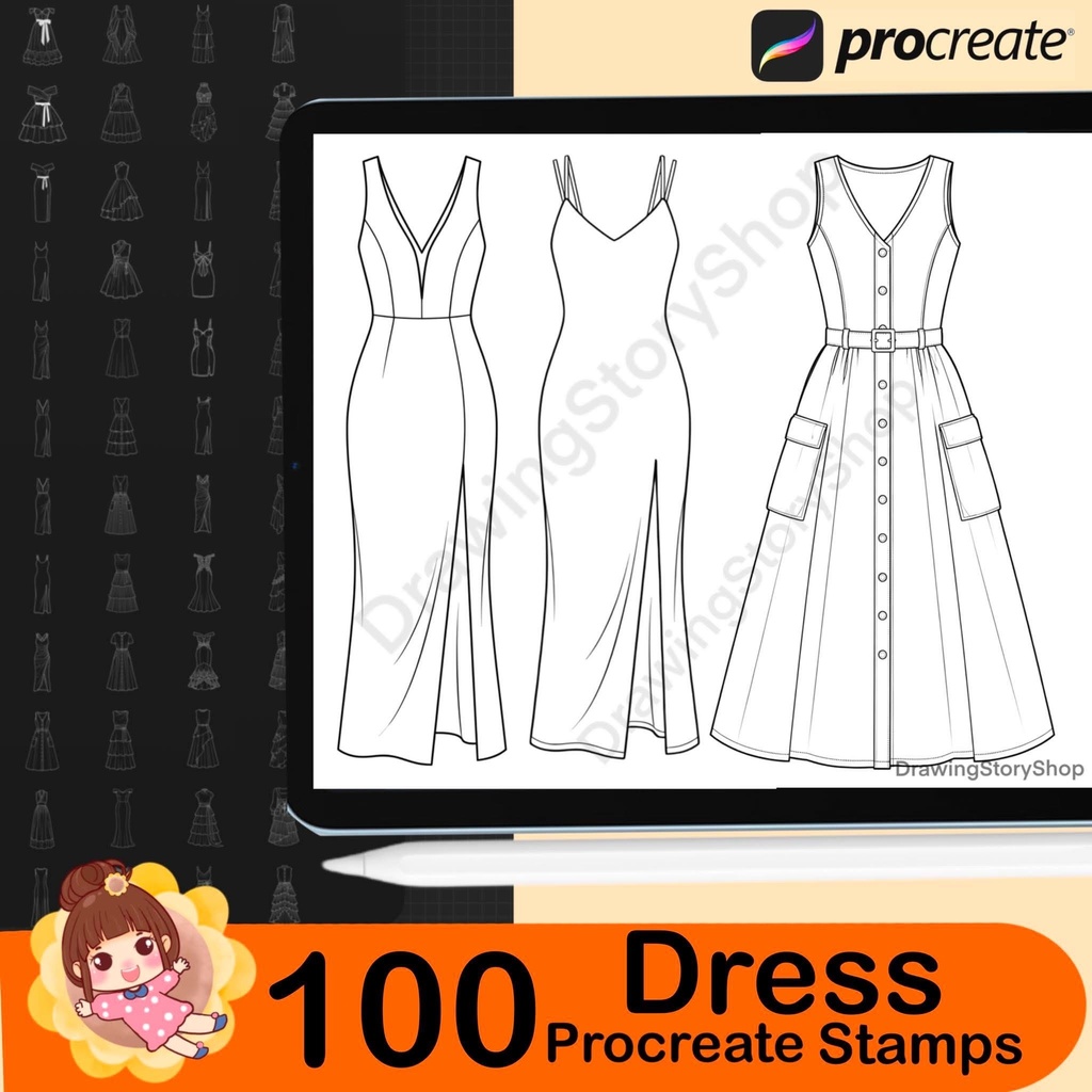 100 Procreate Dress Stamps Bundle | Anime Fashion Lineart Brushes | Cute Clothing Brushes
