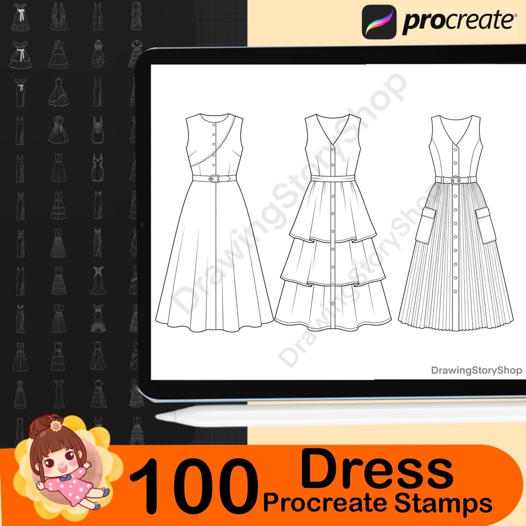 100 Procreate Dress Stamps Bundle | Anime Fashion Lineart Brushes | Cute Clothing Brushes