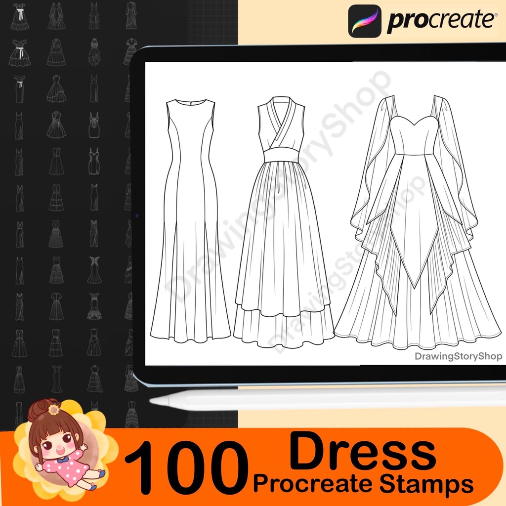 100 Procreate Dress Stamps Bundle | Anime Fashion Lineart Brushes | Cute Clothing Brushes