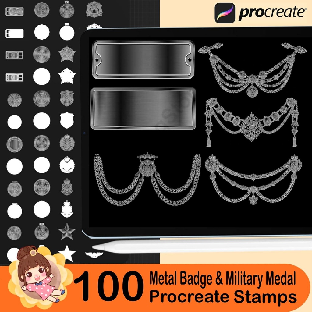 100 Procreate Metal Badge & Military,Royal Guard Medal Brushes, Realistic Metal Ornament, Chain, Emblem Stamp Brushes for iPad