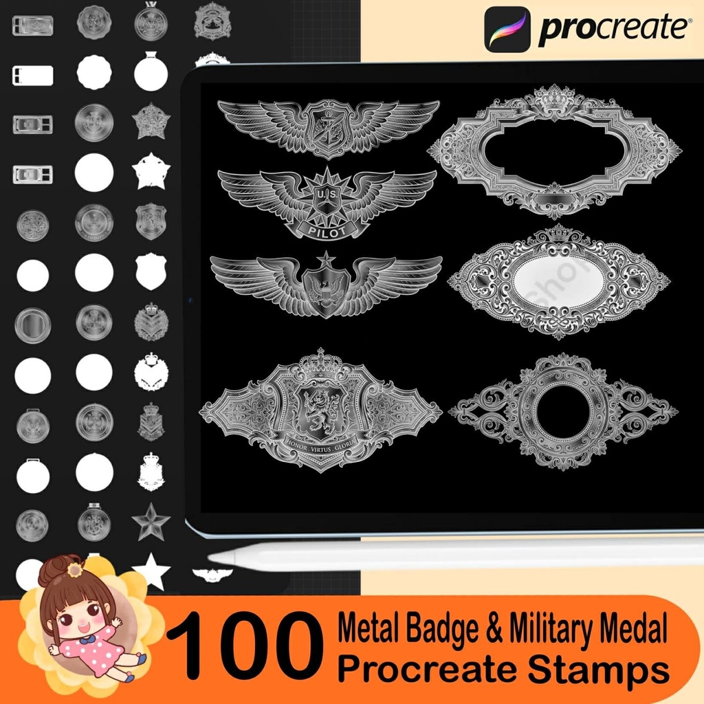 100 Procreate Metal Badge & Military,Royal Guard Medal Brushes, Realistic Metal Ornament, Chain, Emblem Stamp Brushes for iPad