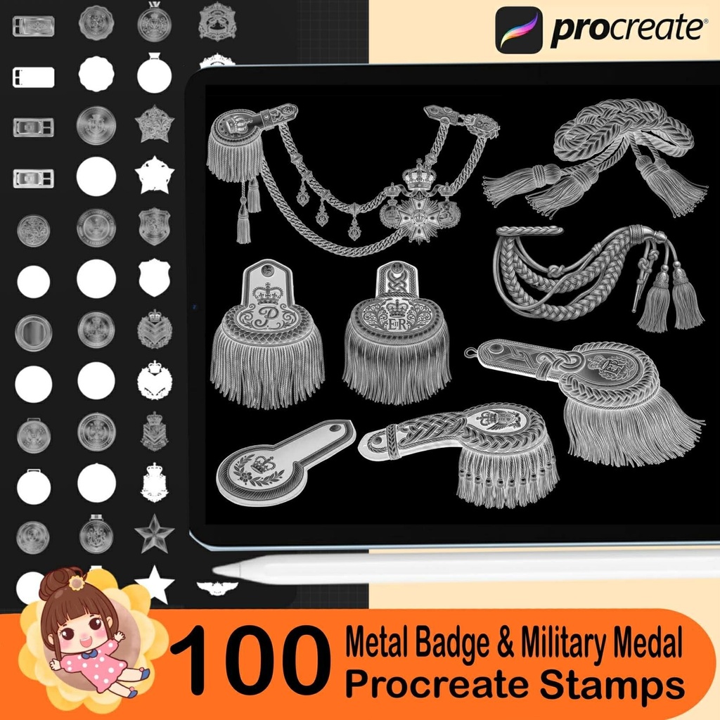 100 Procreate Metal Badge & Military,Royal Guard Medal Brushes, Realistic Metal Ornament, Chain, Emblem Stamp Brushes for iPad