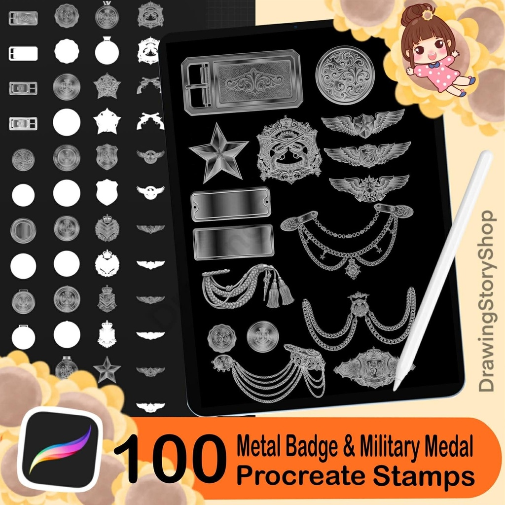 100 Procreate Metal Badge & Military,Royal Guard Medal Brushes, Realistic Metal Ornament, Chain, Emblem Stamp Brushes for iPad
