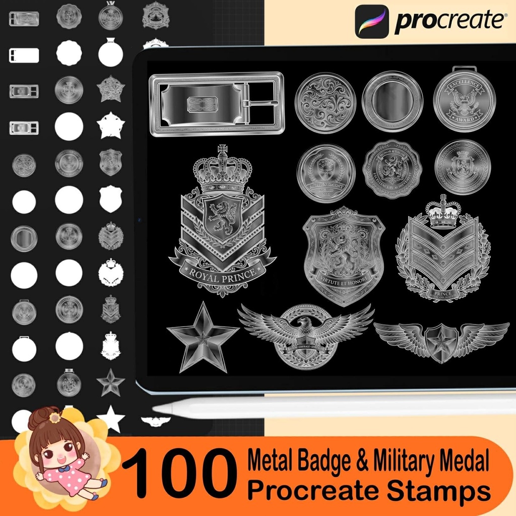 100 Procreate Metal Badge & Military,Royal Guard Medal Brushes, Realistic Metal Ornament, Chain, Emblem Stamp Brushes for iPad
