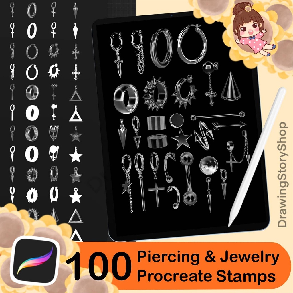 100 Procreate Piercing & Jewelry Stamp Brushes – Earring, Septum, Nose Ring Brushes for iPad