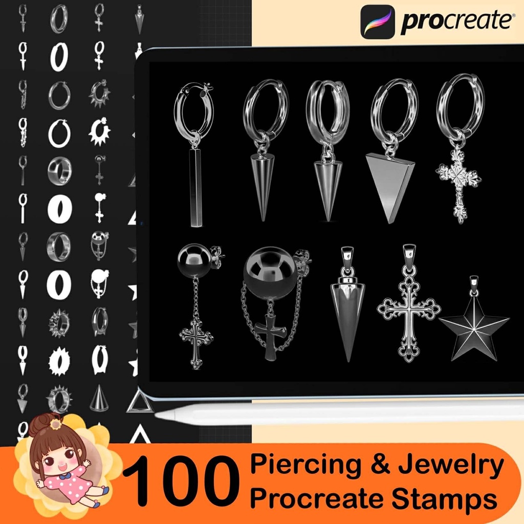 100 Procreate Piercing & Jewelry Stamp Brushes – Earring, Septum, Nose Ring Brushes for iPad