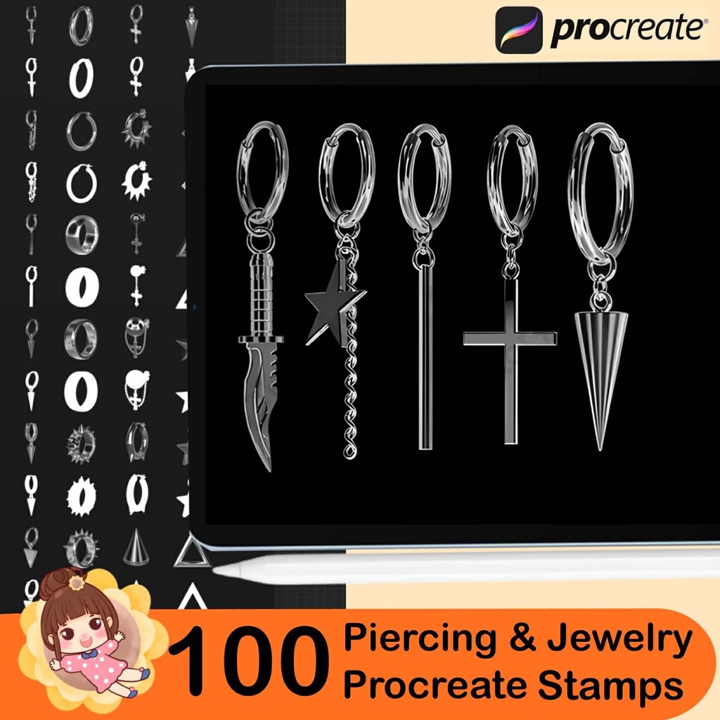 100 Procreate Piercing & Jewelry Stamp Brushes – Earring, Septum, Nose Ring Brushes for iPad