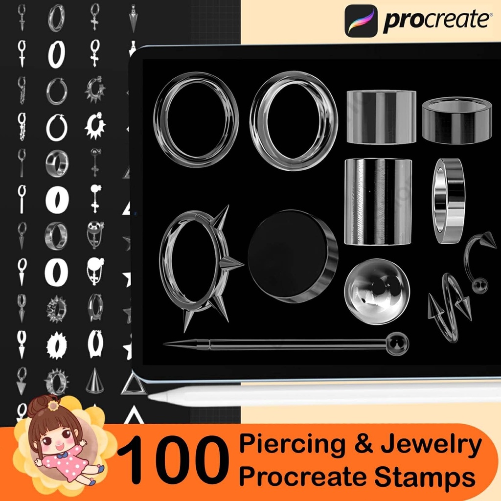 100 Procreate Piercing & Jewelry Stamp Brushes – Earring, Septum, Nose Ring Brushes for iPad