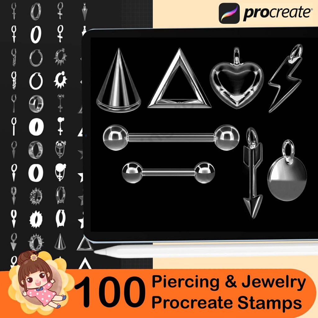100 Procreate Piercing & Jewelry Stamp Brushes – Earring, Septum, Nose Ring Brushes for iPad