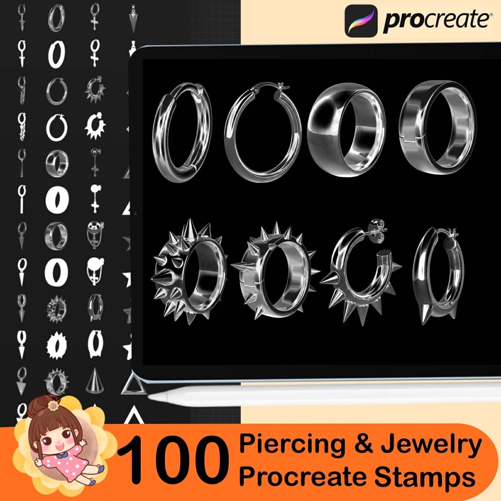100 Procreate Piercing & Jewelry Stamp Brushes – Earring, Septum, Nose Ring Brushes for iPad