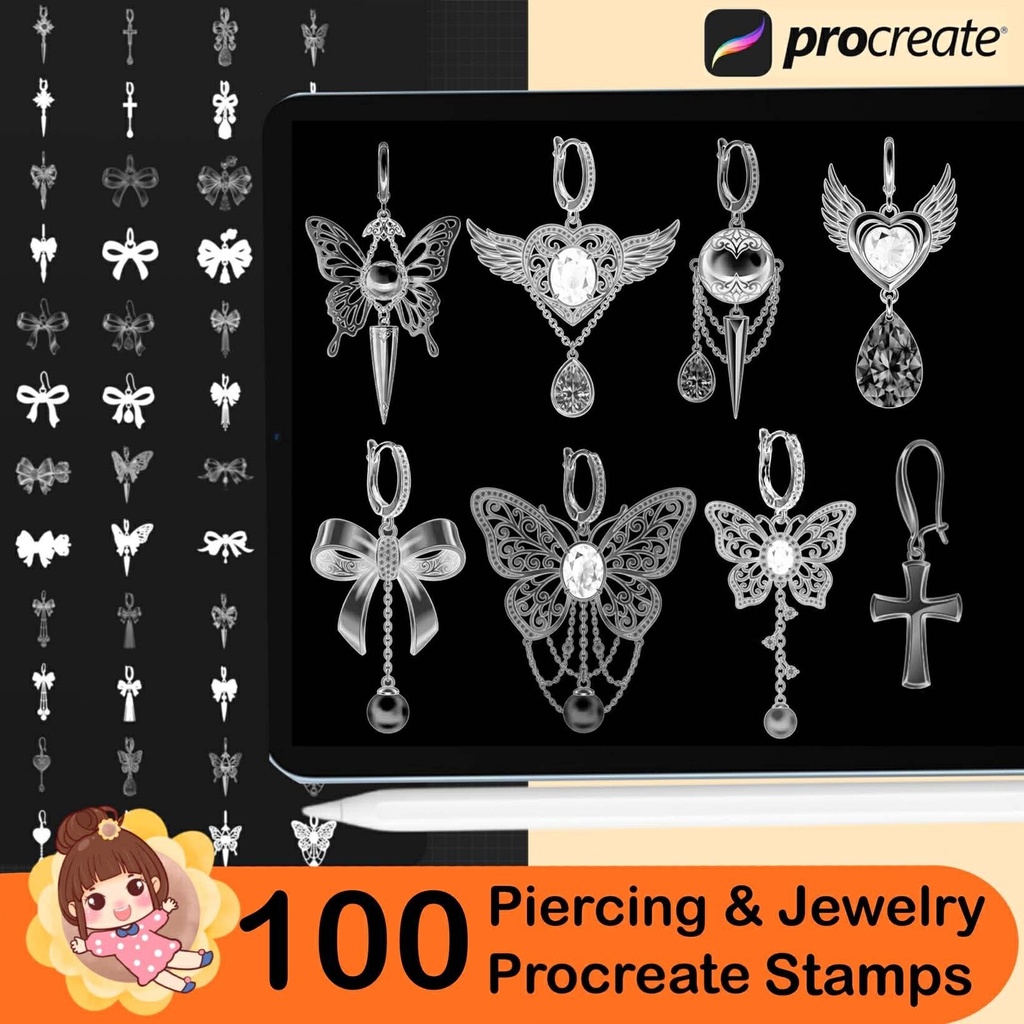 100 Procreate Piercing & Jewelry Stamp Brushes, Earrings Gothic Metal Jewelry Brush Set