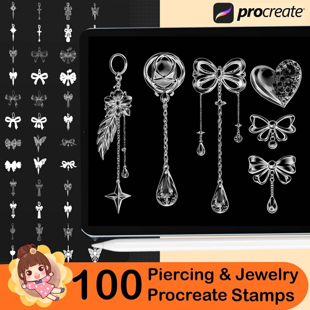 100 Procreate Piercing & Jewelry Stamp Brushes, Earrings Gothic Metal Jewelry Brush Set