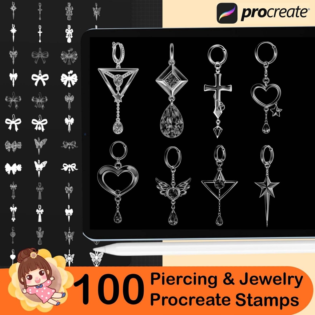 100 Procreate Piercing & Jewelry Stamp Brushes, Earrings Gothic Metal Jewelry Brush Set