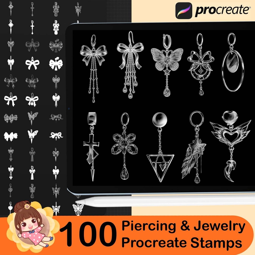 100 Procreate Piercing & Jewelry Stamp Brushes, Earrings Gothic Metal Jewelry Brush Set