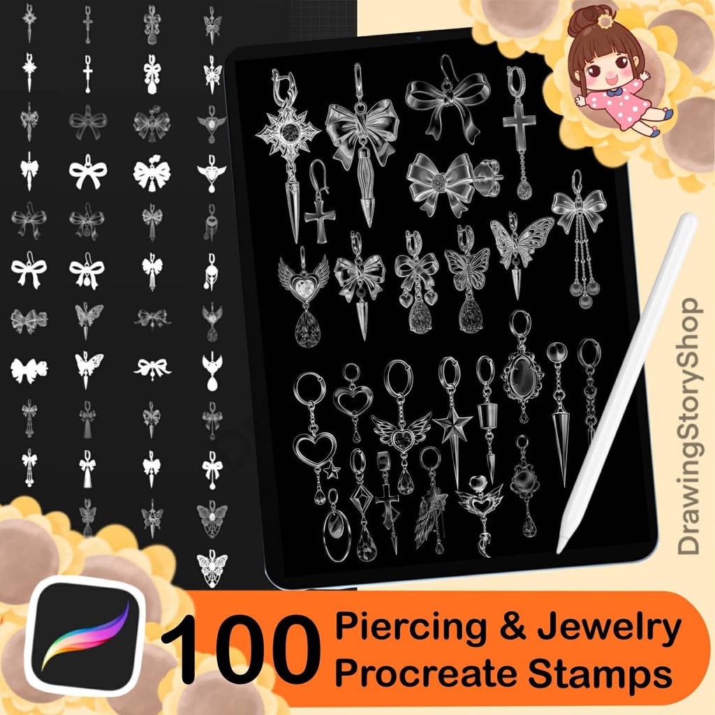 100 Procreate Piercing & Jewelry Stamp Brushes, Earrings Gothic Metal Jewelry Brush Set
