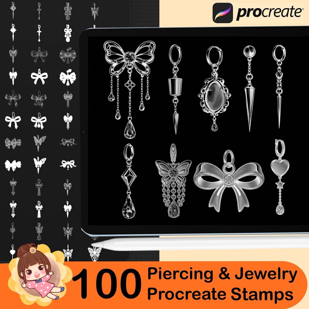 100 Procreate Piercing & Jewelry Stamp Brushes, Earrings Gothic Metal Jewelry Brush Set