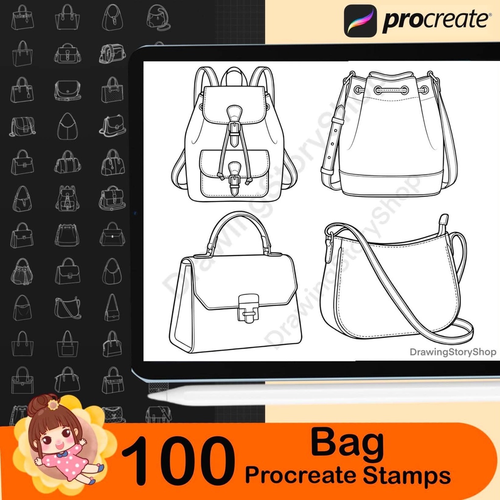 100 Procreate Women’s Bag Stamps | Handbag & Purse Brushes