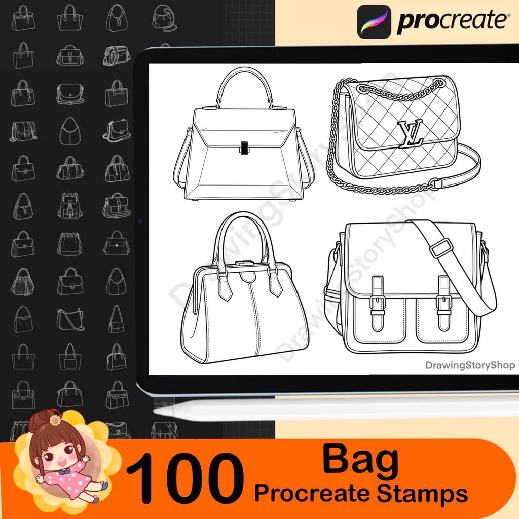 100 Procreate Women’s Bag Stamps | Handbag & Purse Brushes