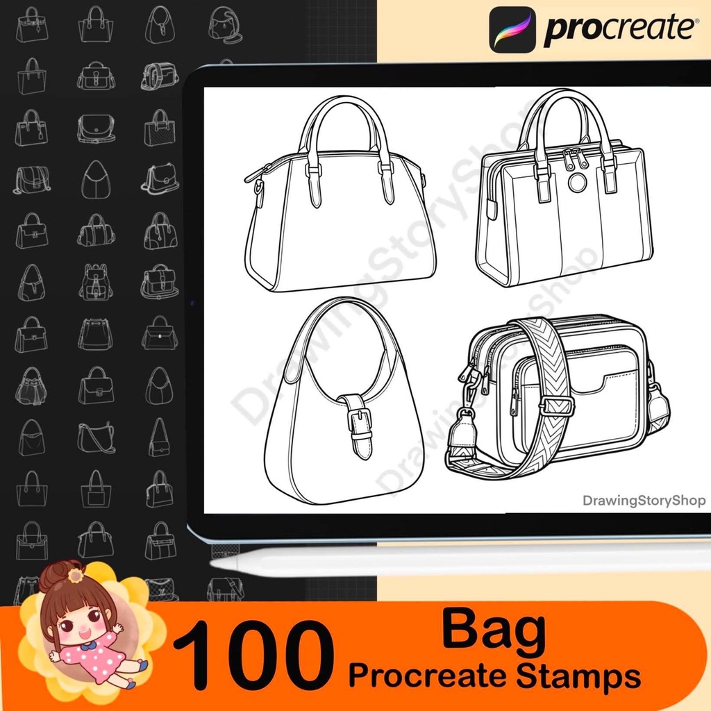 100 Procreate Women’s Bag Stamps | Handbag & Purse Brushes