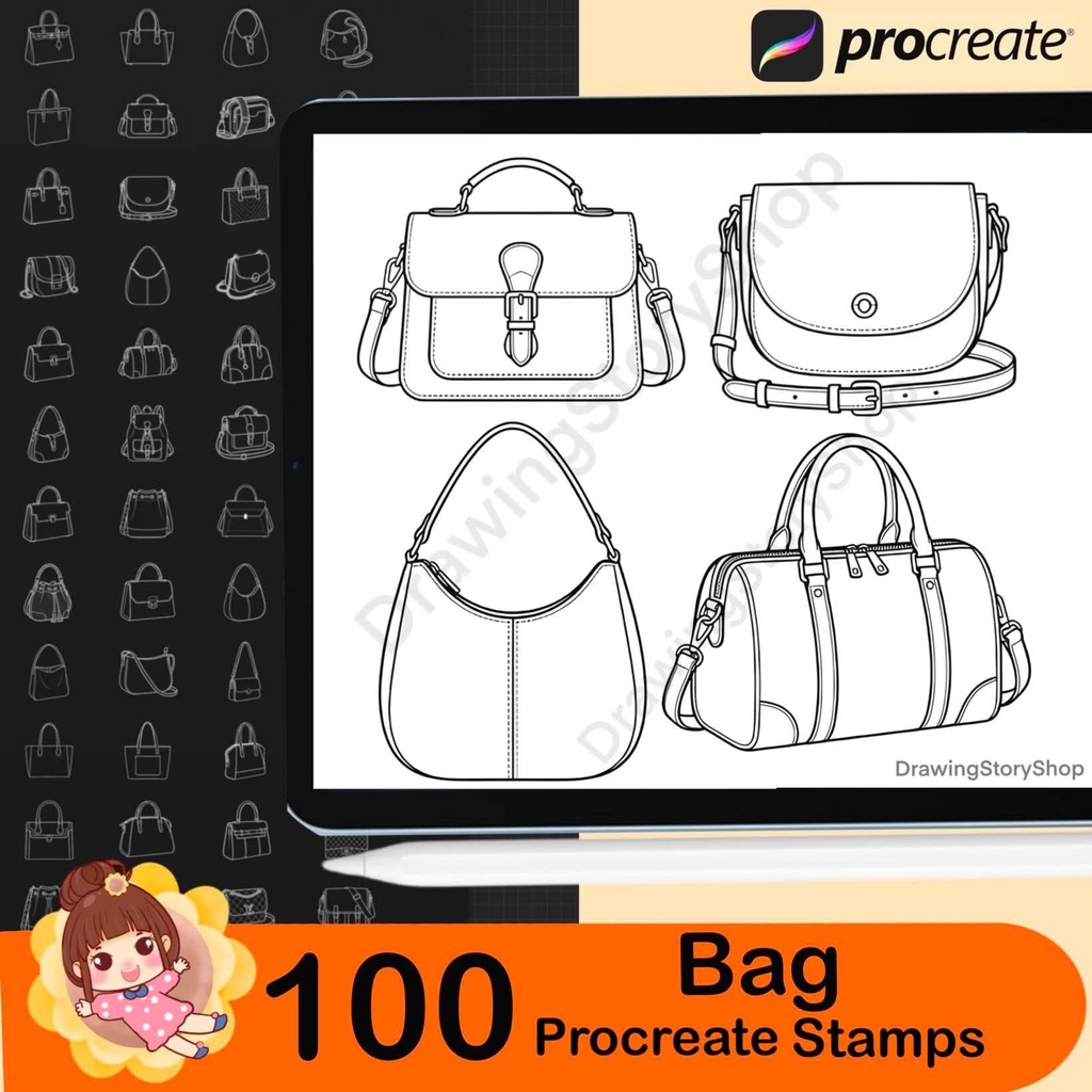 100 Procreate Women’s Bag Stamps | Handbag & Purse Brushes