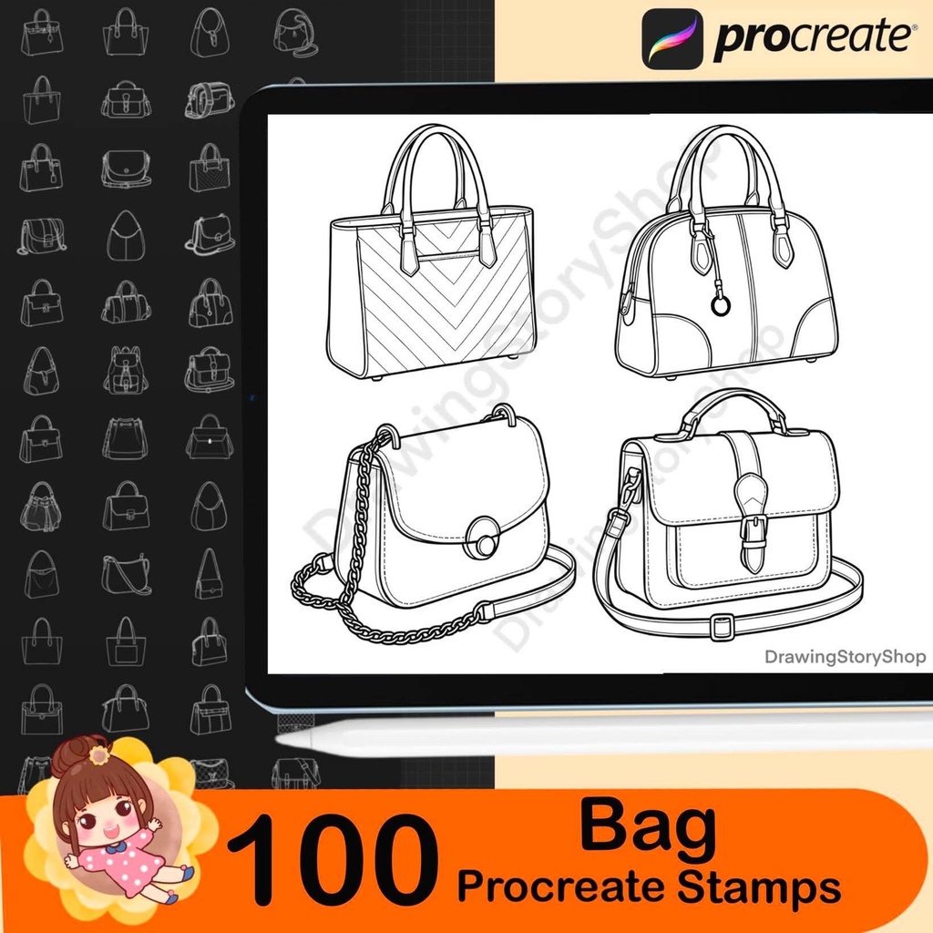 100 Procreate Women’s Bag Stamps | Handbag & Purse Brushes