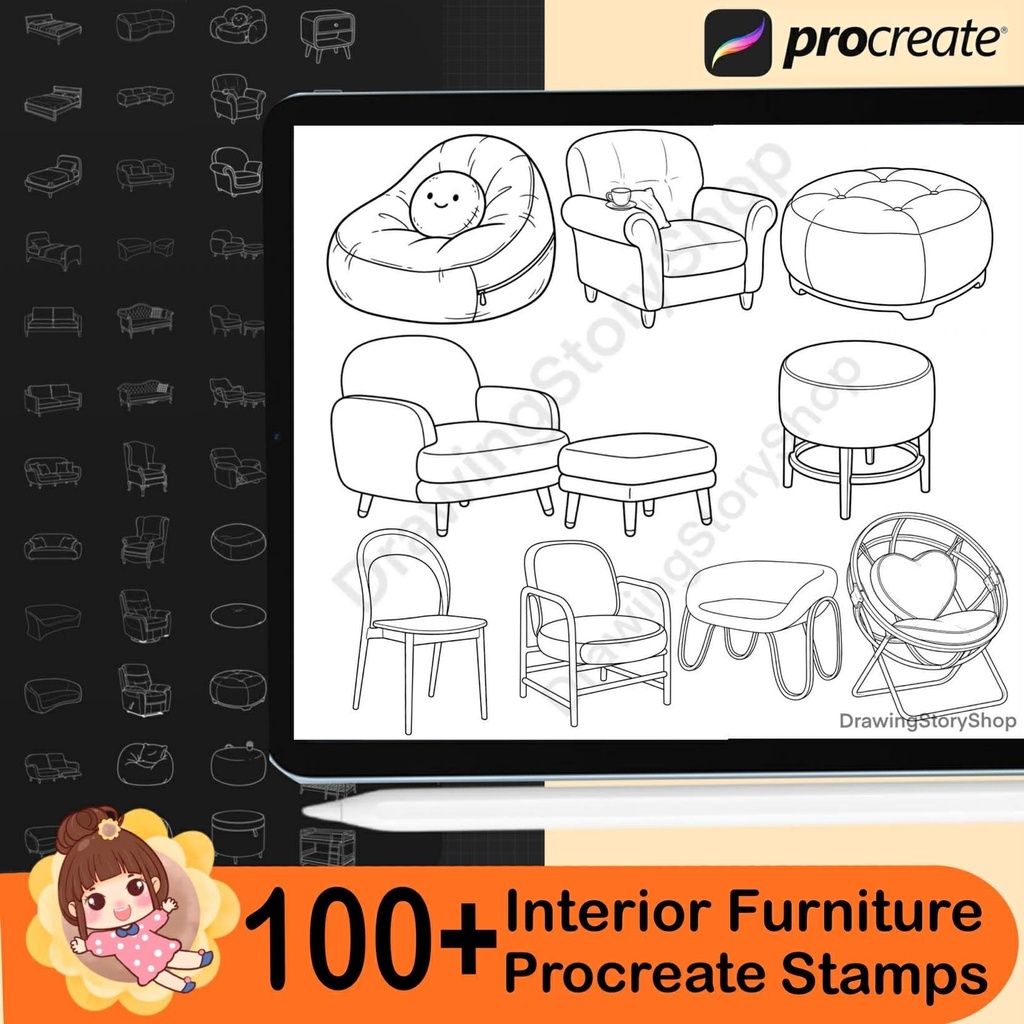 100+ Procreate Interior Furniture Stamp Brushes - Table, Chair, Bed, Pillow,cabinet, lamp
