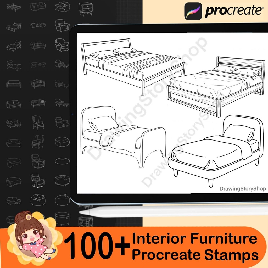 100+ Procreate Interior Furniture Stamp Brushes - Table, Chair, Bed, Pillow,cabinet, lamp