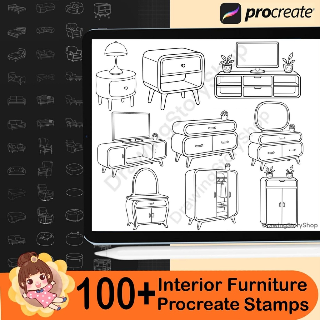 100+ Procreate Interior Furniture Stamp Brushes - Table, Chair, Bed, Pillow,cabinet, lamp