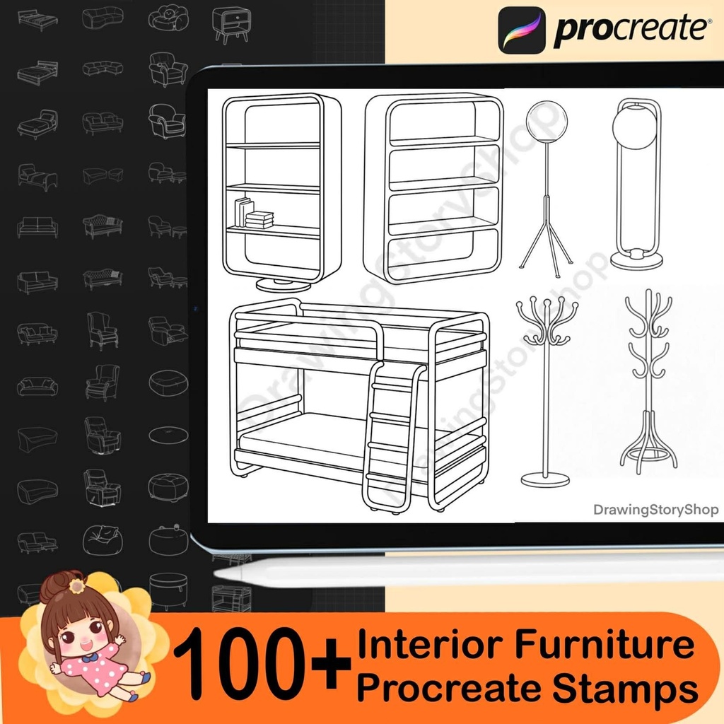 100+ Procreate Interior Furniture Stamp Brushes - Table, Chair, Bed, Pillow,cabinet, lamp