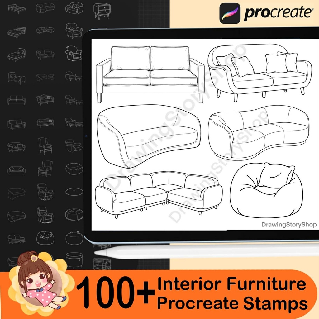 100+ Procreate Interior Furniture Stamp Brushes - Table, Chair, Bed, Pillow,cabinet, lamp