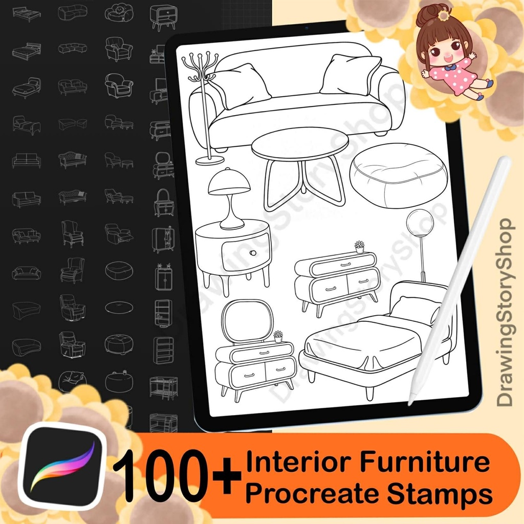 100+ Procreate Interior Furniture Stamp Brushes - Table, Chair, Bed, Pillow,cabinet, lamp