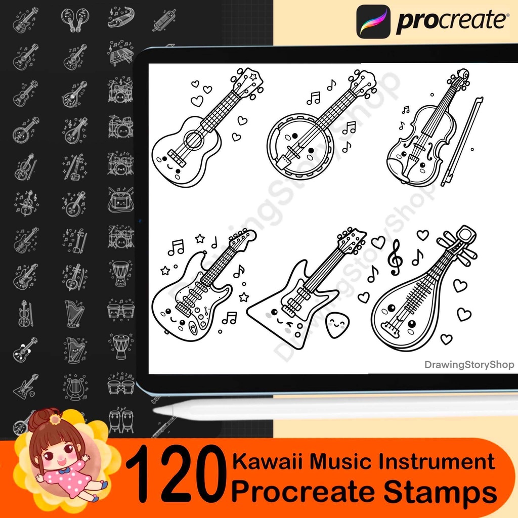 120 Kawaii Music Instrument Procreate Stamps | Cute Musical Instrument Brushes | Piano Guitar Drum Music Notes Stamp Pack