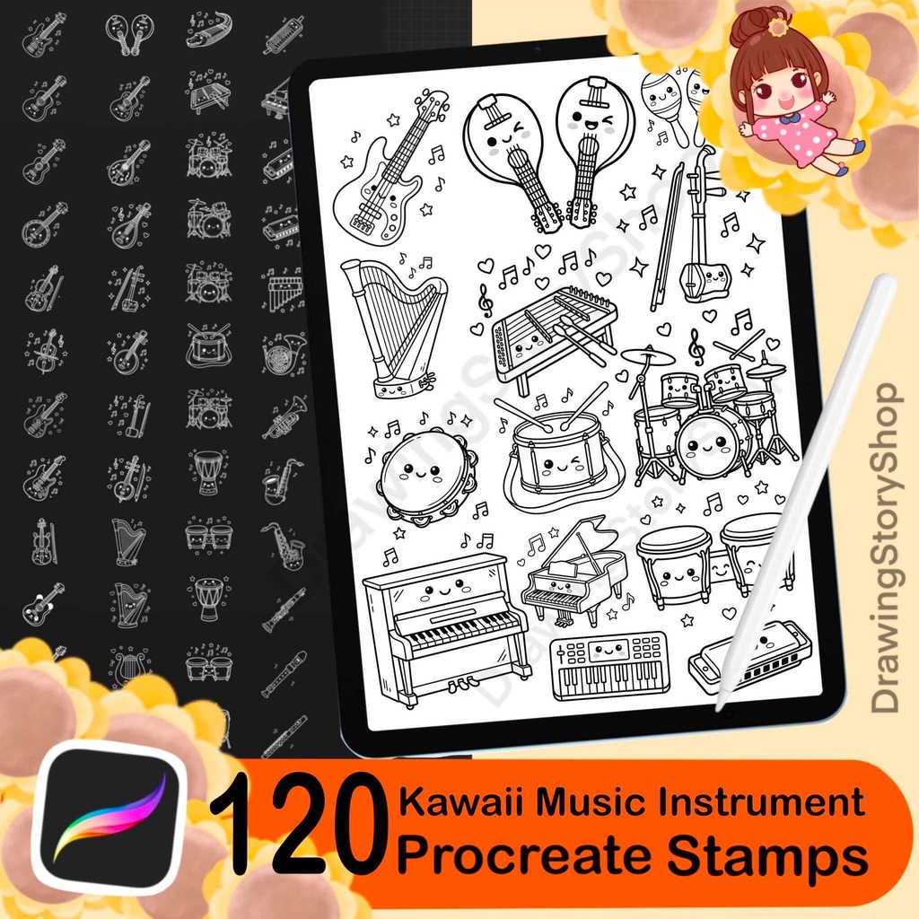 120 Kawaii Music Instrument Procreate Stamps | Cute Musical Instrument Brushes | Piano Guitar Drum Music Notes Stamp Pack