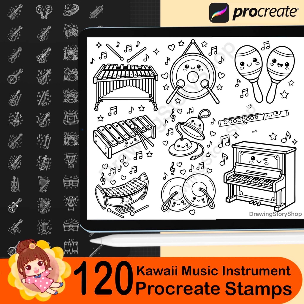 120 Kawaii Music Instrument Procreate Stamps | Cute Musical Instrument Brushes | Piano Guitar Drum Music Notes Stamp Pack
