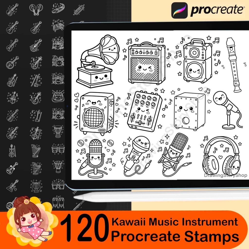 120 Kawaii Music Instrument Procreate Stamps | Cute Musical Instrument Brushes | Piano Guitar Drum Music Notes Stamp Pack