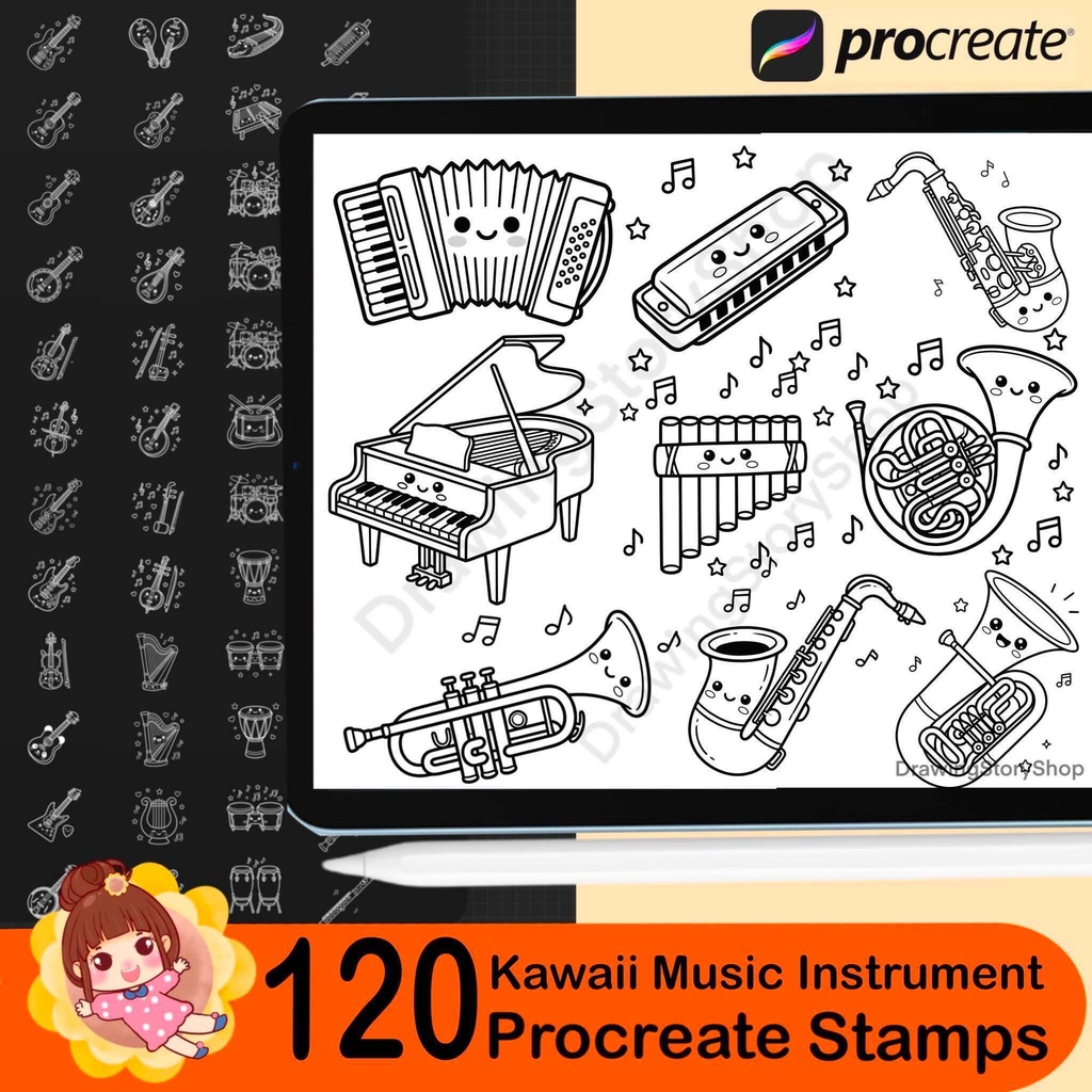 120 Kawaii Music Instrument Procreate Stamps | Cute Musical Instrument Brushes | Piano Guitar Drum Music Notes Stamp Pack