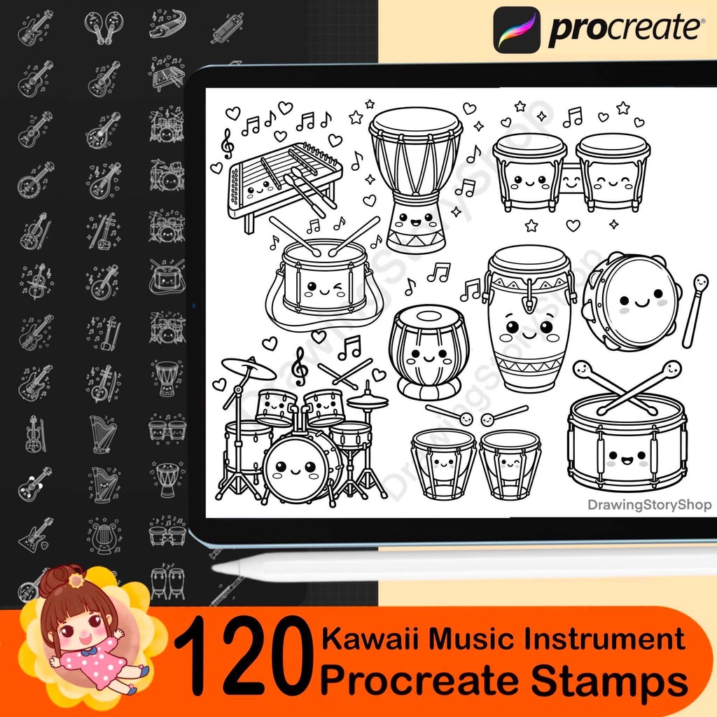 120 Kawaii Music Instrument Procreate Stamps | Cute Musical Instrument Brushes | Piano Guitar Drum Music Notes Stamp Pack